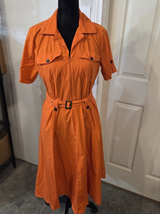 eshakti Dresses & Skirts - eShakti Vibrant Orange A Line Feminine Short-Sleeve Utility Midi Dress Belted